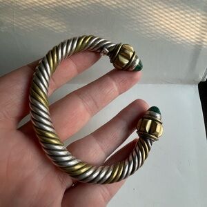 Gold Tone and Sterling Silver Twisted Cuff Bangle Bracelet with Malachite